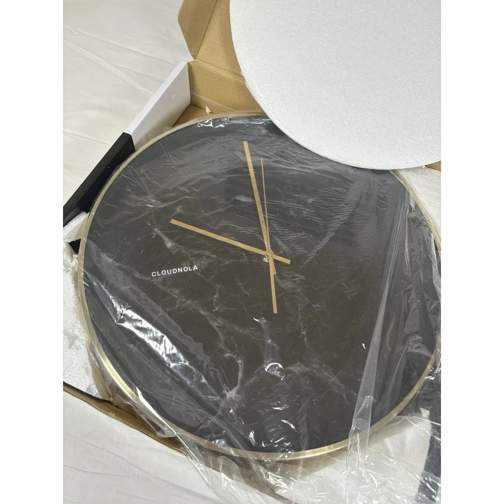 cloudnola Structure B faux Marble Wall Clock Black Gold Frame Modern Quartz NEW